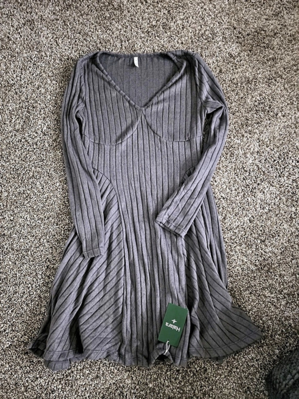 Halara Rib Knit V-Neck Long Sleeve Flare Mini Casual Dress Gray Medium